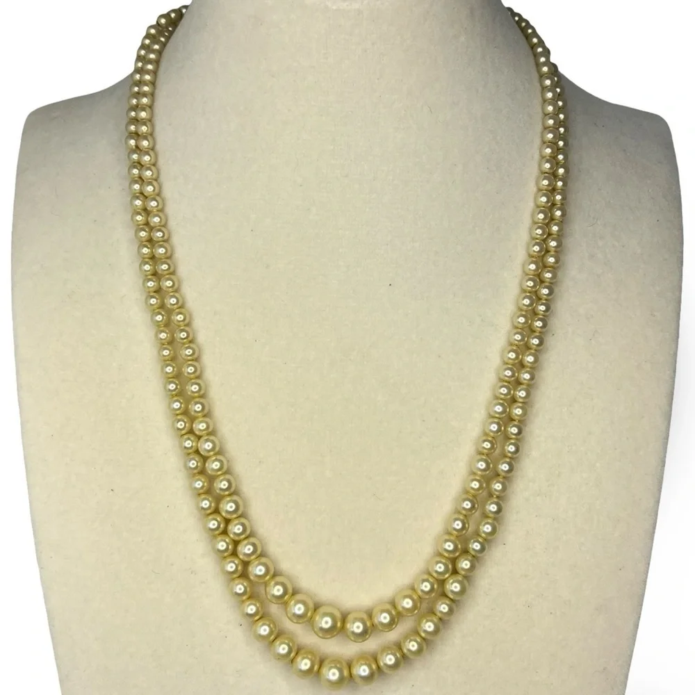 Vintage Double Strand Pearl Necklace Sterling Rhinestone Clasp